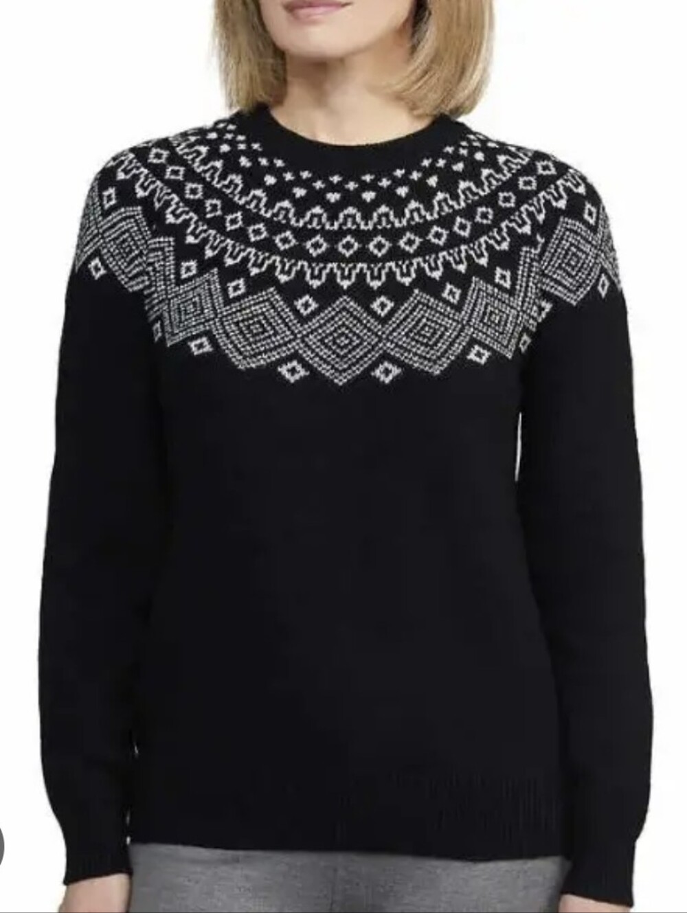 SUNICE STORMPACK Women's Black Fair Isle Nordic Pattern Yoke Crew Neck Sweater